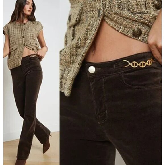 New! L’AGENCE Stevie Brown Velvet Chain Trim Straight Pants 22612 - Picture 1 of 13